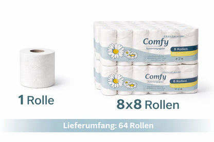 64 Rollen Toilettenpapier -1/2/3 x 64er Pack, Comfy , 3-lagig, Zellstoff weiß, 150 Blatt je Rolle , Hochwertige Zellulose, schnell abbaubar, 1 Stück, 2 Stück, 3 Stück