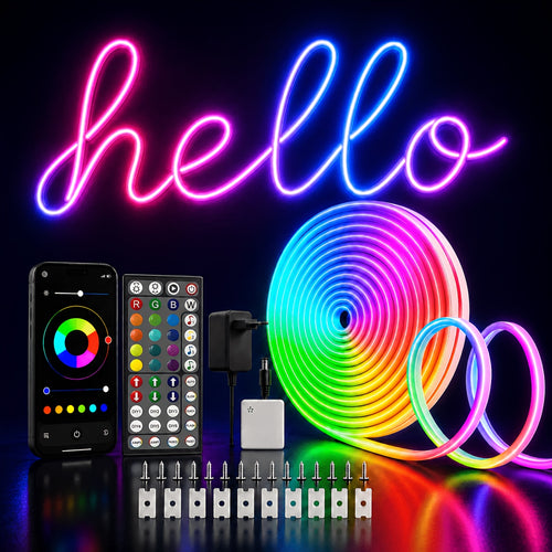 5M/10M/20M RGB Neon Lichtleiste mit Farbeinstellung über App, Fernbedienung, Timer-Einstellung, flexibel und zuschneidbar, und Musik-Rhythmus-Modus, perfekt für Bühnenbeleuchtung, Dekoration, Geschenk
