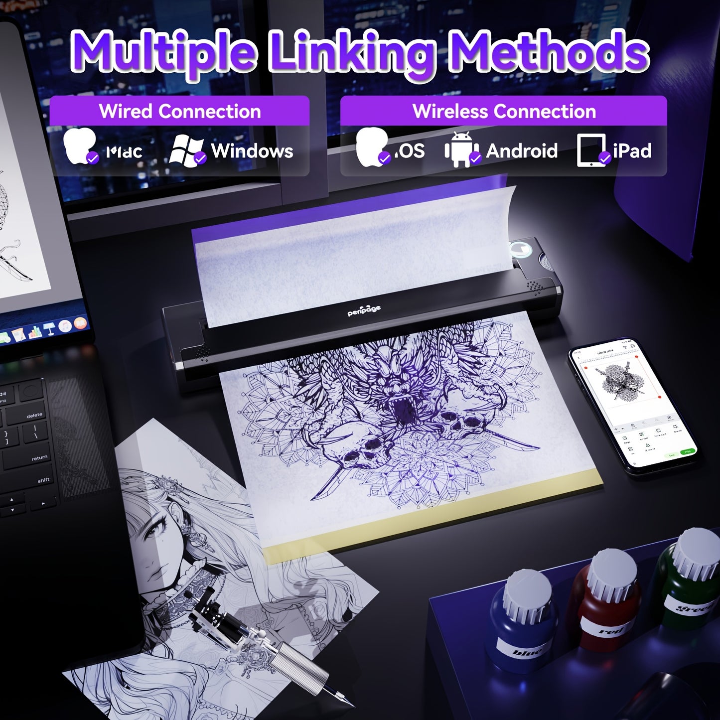 Peripage DIY Tattoo-Transferdrucker, Thermotattoo-Schablonendrucker, 1 Stück mit 5 Bögen A4 Transferpapier, tragbarer Mini-Drucker, kompatibel mit iOS-  Android-Smartphones  Computern, für Tätowierer  Anfänger