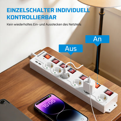 Steckdosenleiste Einzeln Schaltbar mit USB, 6Fach Steckdosenleiste mit Schalter, Mehrfachsteckdose mit Überlastschutz, Kindersicherung, 90° Gedreht, 2M/3M, Weiß/Schwarz