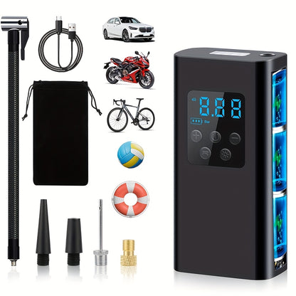 Tragbarer Luftkompressor mit 3 wiederaufladbaren Batterien, LCD-Display, LED-Licht und SOS-Modus - Ideal für Autos, Motorräder und Fahrräder