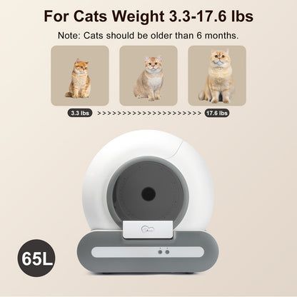 DOEL Selbstreinigende Katzentoilette Automatische Katzentoilette mit Streuunterlage und Müllbeuteln 65L Große Kapazität Katzen WC App Steuerung 2.4G Wifi, Ohne Batterie