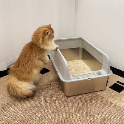 Übergroße Edelstahl-Katzenbox mit Deckel, auslaufsicher und rostbeständig. Sie ist leicht zu reinigen, hat hohe Seiten, um Ausläufel zu verhindern, und wird mit einer Schaufel geliefert. Perfekt für Haushalte mit mehreren Katzen.