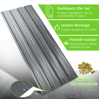 Verzinkte hochbelastbare Stahlwellbleche – 22 schwarze Trapezdachplatten (108x42,6cm, 0,25mm, 10,12m²), komplett mit Schrauben und Nägeln. Einfache Installation, vorübergehend abnehmbar für Außenkonstruktionen/Schuppen/Zäune/Wandverkleidungen.