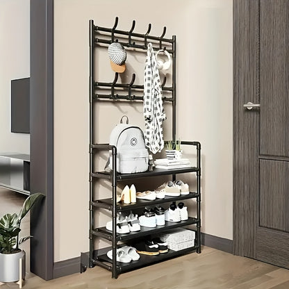Schuhregal-Aufbewahrung – Platzsparender Garderobenständer, 5-stufiges Schuhregal mit 8 Haken, stabile goldene Metall-/Kunststoff-Struktur, freistehendes oder wandmontiertes Design für Zuhause, Büro  Geschäft – Geeignet zur Aufbewahrung von Schuhen, Mänte