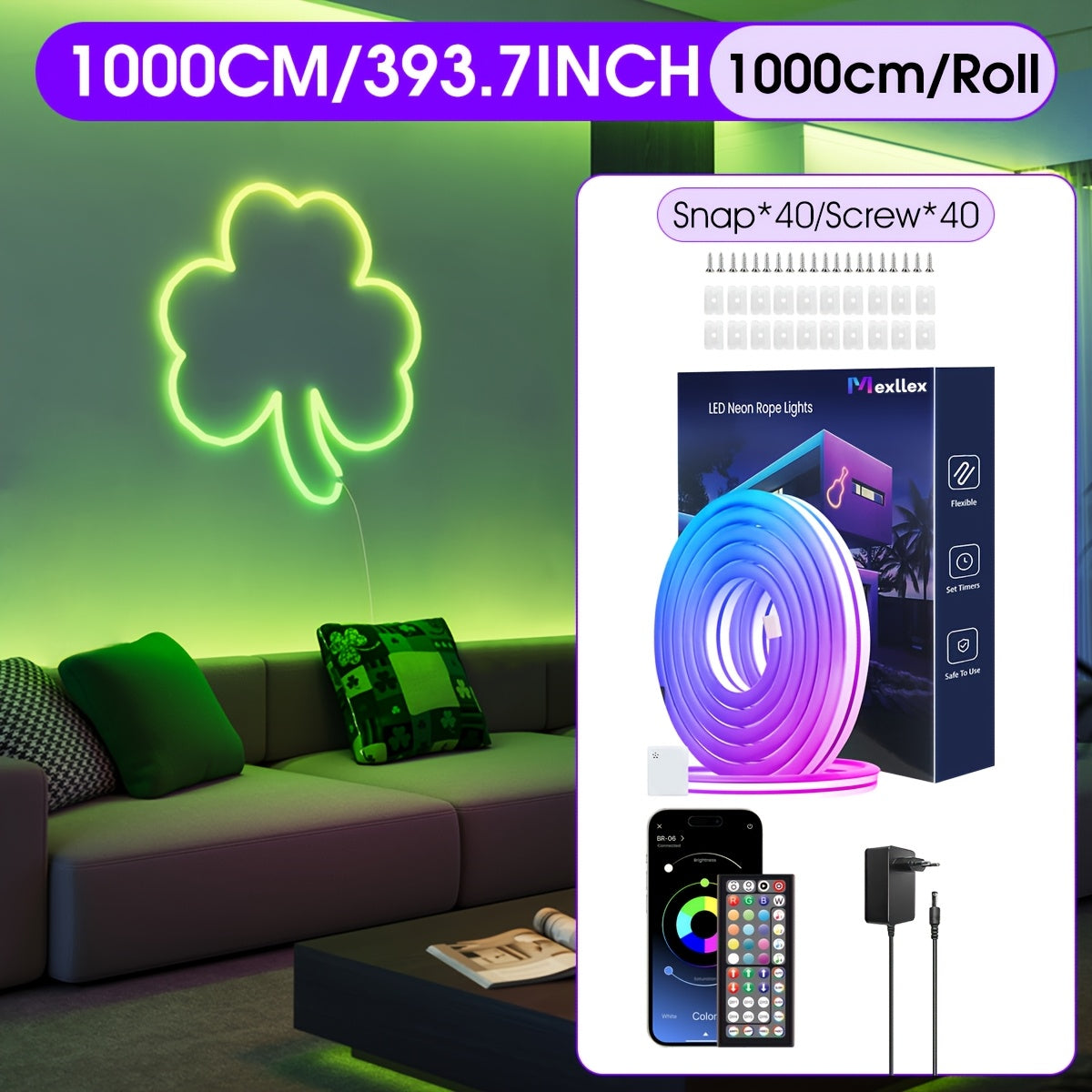 30m/20m/15m/10m/5m Intelligente Flexible LED Neon Lichterkette mit App/Fernbedienung, Hochwertig, Dimmbar, Outdoor RGB Lichterkette, Musik-Sync oder DIY, Timer-Funktion für Räume, Geschenke