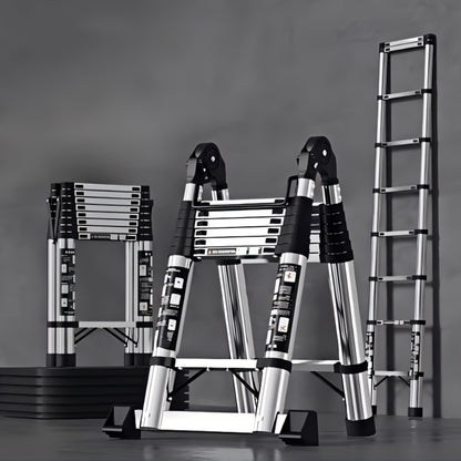 5M Teleskop-Faltleiter aus Edelstahl - Robuster A-Frame, faltbar, maximale Tragfähigkeit 150 kg, 2,5M + 2,5M Teleskopbereich, einstellbare Stufenhöhe, geeignet für Innen/Außen, Dachboden und Zuhause, Teleskopleiter