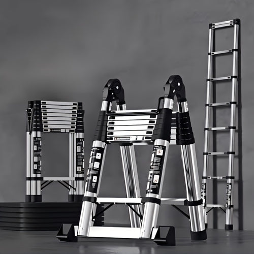 5M Teleskop-Faltleiter aus Edelstahl - Robuster A-Frame, faltbar, maximale Tragfähigkeit 150 kg, 2,5M + 2,5M Teleskopbereich, einstellbare Stufenhöhe, geeignet für Innen/Außen, Dachboden und Zuhause, Teleskopleiter