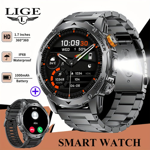 SIEMORL Smartwatch für Herren mit 50+ Ultra Lange Standby-Zeit, 1,7-Zoll HD Smartwatch mit 1000 mAh Akku/Telefonfunktion/110+ Sportmodi/Schlafüberwachung, Herrenuhr für iPhone Android Schrittzähler Smartwatch 2 Armbänder Kombination mit Taschenlampe