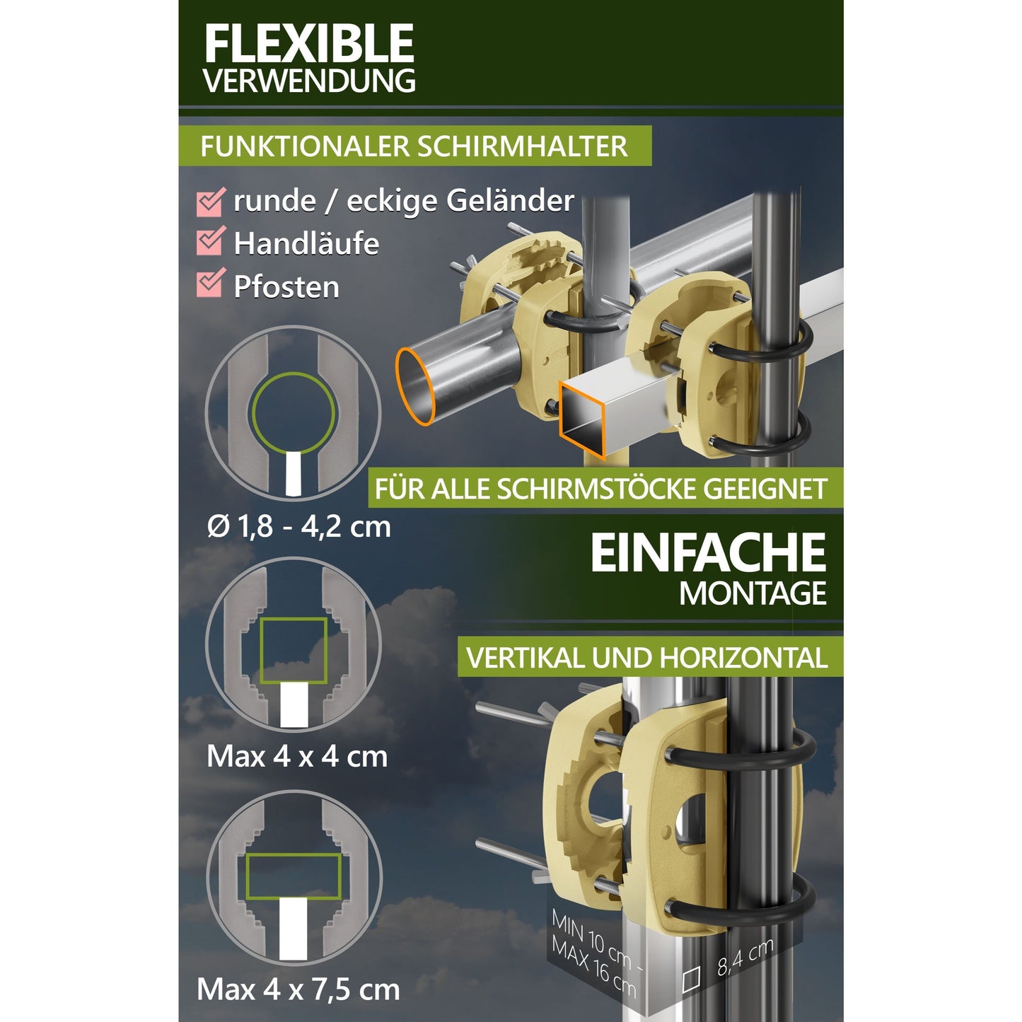 Lindenstein Sonnenschirmhalter Balkongeländer – Funktionale Sonnenschirm Halterung Balkon, Schirmhalterung Balkongeländer ersetzt Sonnenschirmständer Balkon – Flexibel montierbar (Anthrazit/Schwarz/Taupe/Sandbraun)