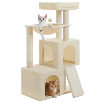 PAWZ ROAD Kratzbaum für Hauskatzen 104cm mit 2 Geräumigen Höhlen, Katzenhaus mit Bequemer Hängematte, Gepolsterter Sitzstange und Abnehmbarem Spielball