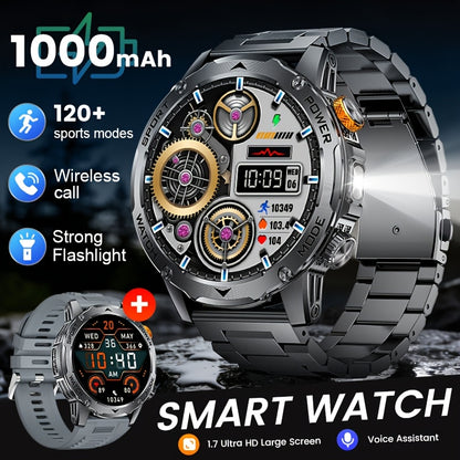 SIEMORL Smartwatch für Herren mit 50+ Ultra Lange Standby-Zeit, 1,7-Zoll HD Smartwatch mit 1000 mAh Akku/Telefonfunktion/110+ Sportmodi/Schlafüberwachung, Herrenuhr für iPhone Android Schrittzähler Smartwatch 2 Armbänder Kombination mit Taschenlampe