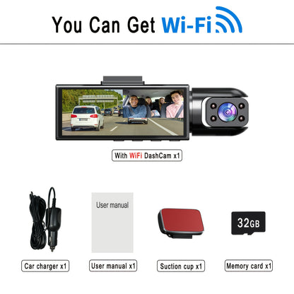 Dual Dashcam mit WLAN, Front- und Innenraumkamera, 1080P FHD Dashcam für Autos, mit Grad-Wide-Aufnahme, Parküberwachungs-App mit Loop-Aufnahme, 24-Stunden-Parküberwachung, mit optionalem 32GB SD-Karte