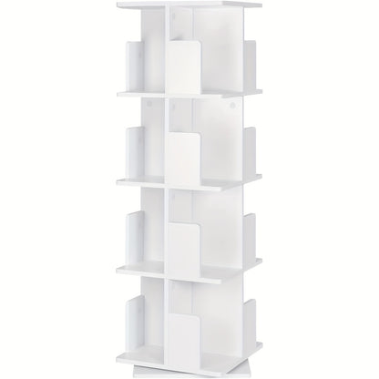 Rotierendes Bücherregal, Regaltrennwand, vertikales Regal, drehbares Regal, Büroregal, dekoratives Regal, 360° freie Drehung, 4 Ebenen MDF, geeignet für mehrere Bereiche wie Büros, Schlafzimmer und Wohnzimmer, 39,5x128x39,5 cm, Weiß/Hellholzoptik