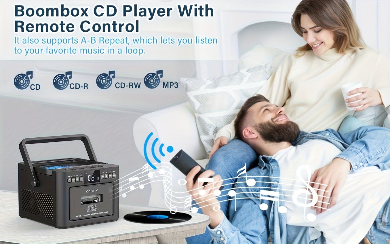 CD-Kassettenspieler-Boombox mit 5000-mAh-Akku, tragbarer CD-Player, 5-W-Dual-Stereo-Lautsprechern, FM-Radio, Fernbedienung, Aufnahmefunktion, 3,5-mm-Kopfhöreranschluss – unterstützt AUX, TF-Karte und USB für Zuhause