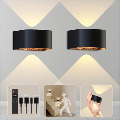 [2 Stück] Akku-Wandlampe für den Innenbereich mit Bewegungssensor, Fernbedienung, 3 Farben, Wandlicht, LED-Wandleuchte für den Innenbereich mit Auf-  Abstrahlung, 3 Modi, wiederaufladbare Akku-Wandlampen, Helligkeit einstellbar