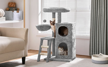 Costoffs Katzenbaum Höhe 94 cm Kratzbaum mit Aussichtsplattform & Zweistufige Katzenhöhle & Liegemulde & Treppe & Hängendem Plüschball