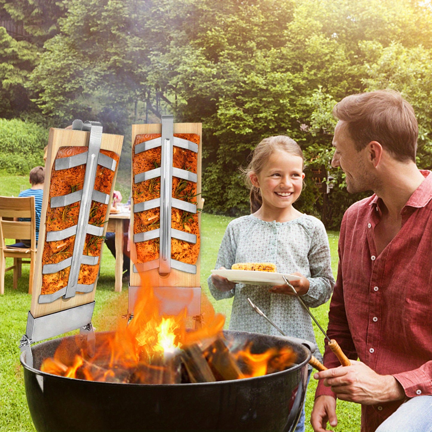 Edelstahl Flammen-Lachsbrett-Halter, 5 Stufen verstellbar, für Feuerschalen, Grillen, Outdoor-Grill, Zedernholzbrett, Tragfähigkeit bis zu 2 kg pro Stück (2 Stück/4 Stück)