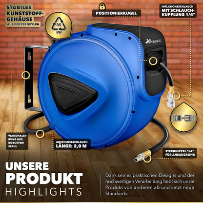 TRESKO® Druckluft Schlauchtrommel automatisch | Druckluftschlauch Aufroller 1/4" Anschluss | Wandschlauchhalter Automatik Schlauchaufroller