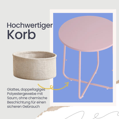 Couchtisch klein,Beistelltisch rund, kleiner Tisch, Wohnzimmertisch mit Stoffkorb, Stauraum für Wohnzimmer Schlafzimmer