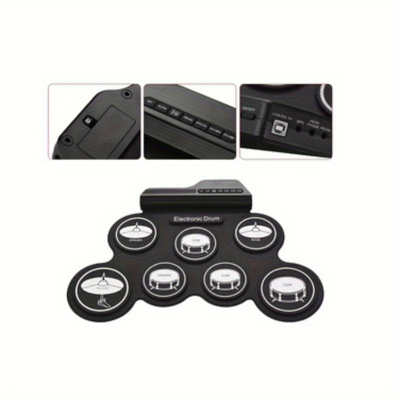 Elektronisches Drumset, 7 Pads Roll-Up Elektrisches Drum Pad, Tragbares Midi Drum Kit mit Integriertem Lautsprecher/Pedalen/Kopfhöreranschluss, Tolles Weihnachtsgeschenk für Anfänger