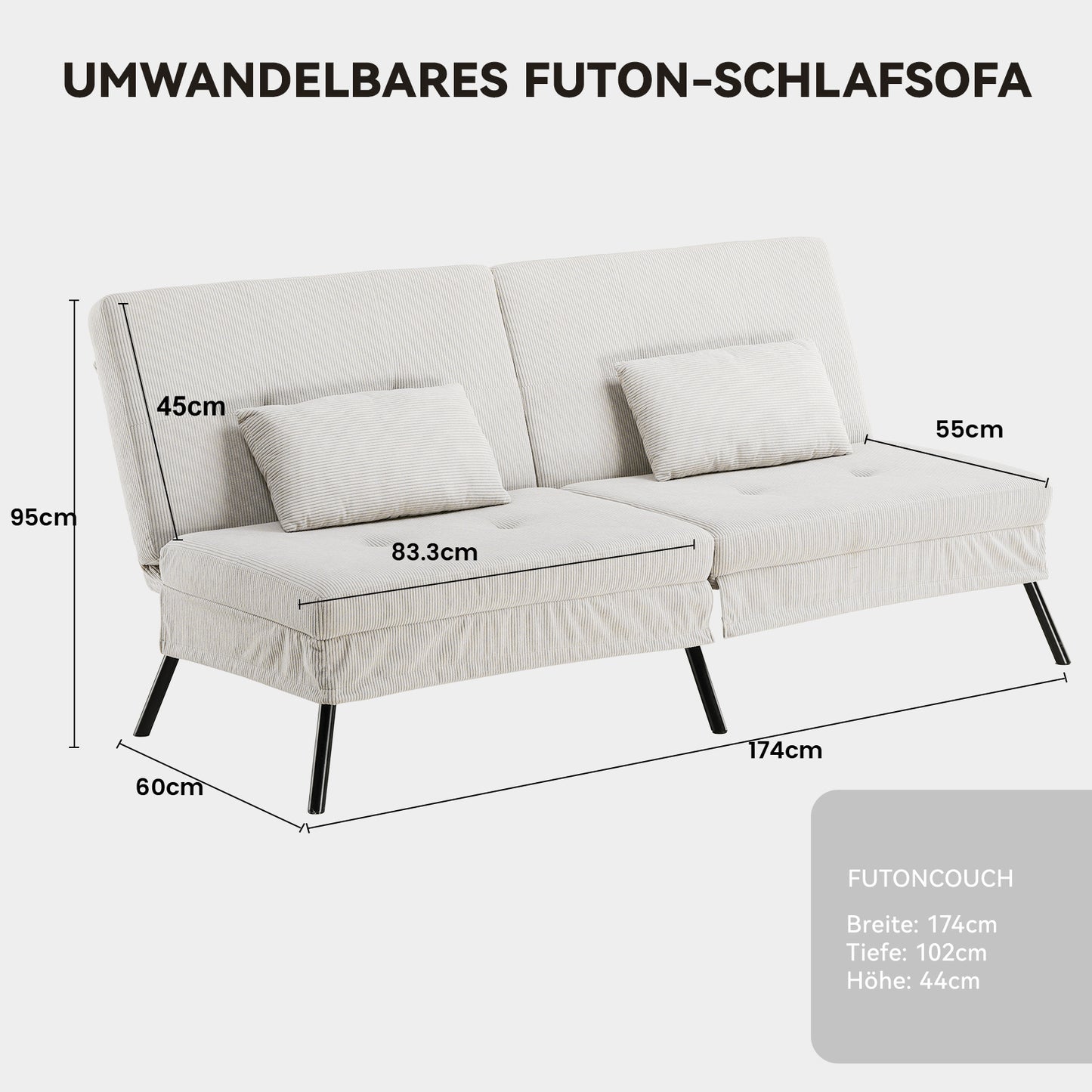 Sofa Schlafsofa mit Schlaffunktion, überzug Futon Klappsofa, Bettcouch, ecksofa, Couch Gästebett, 3-Sitzer Sofa, mit verstellbare Rückenlehne aus Stoff