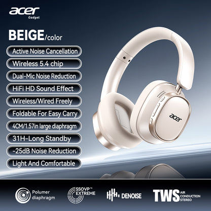 Acer 2026 Neue Over-Ear Kopfhörer, Superieure Dual-Feedback Geräuschunterdrückung, Kabellose Kopfhörer mit Bass, Leichtes Faltbares Design mit Eingebautem Mikrofon, Inklusive 3,5mm Audiokabel, Geeignet für Reisen, Arbeit, Laptop und Mobile Nutzung. Gaming