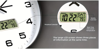 TIMESS Kalenderanzeige Analog Wanduhr, 12/14 Zoll 2-farbiges Großzifferblatt Leise, Zeigt Ewigen Kalender  Fahrenheit-Temperatur an, Dekoration für Schlafzimmer, Büro, Schule