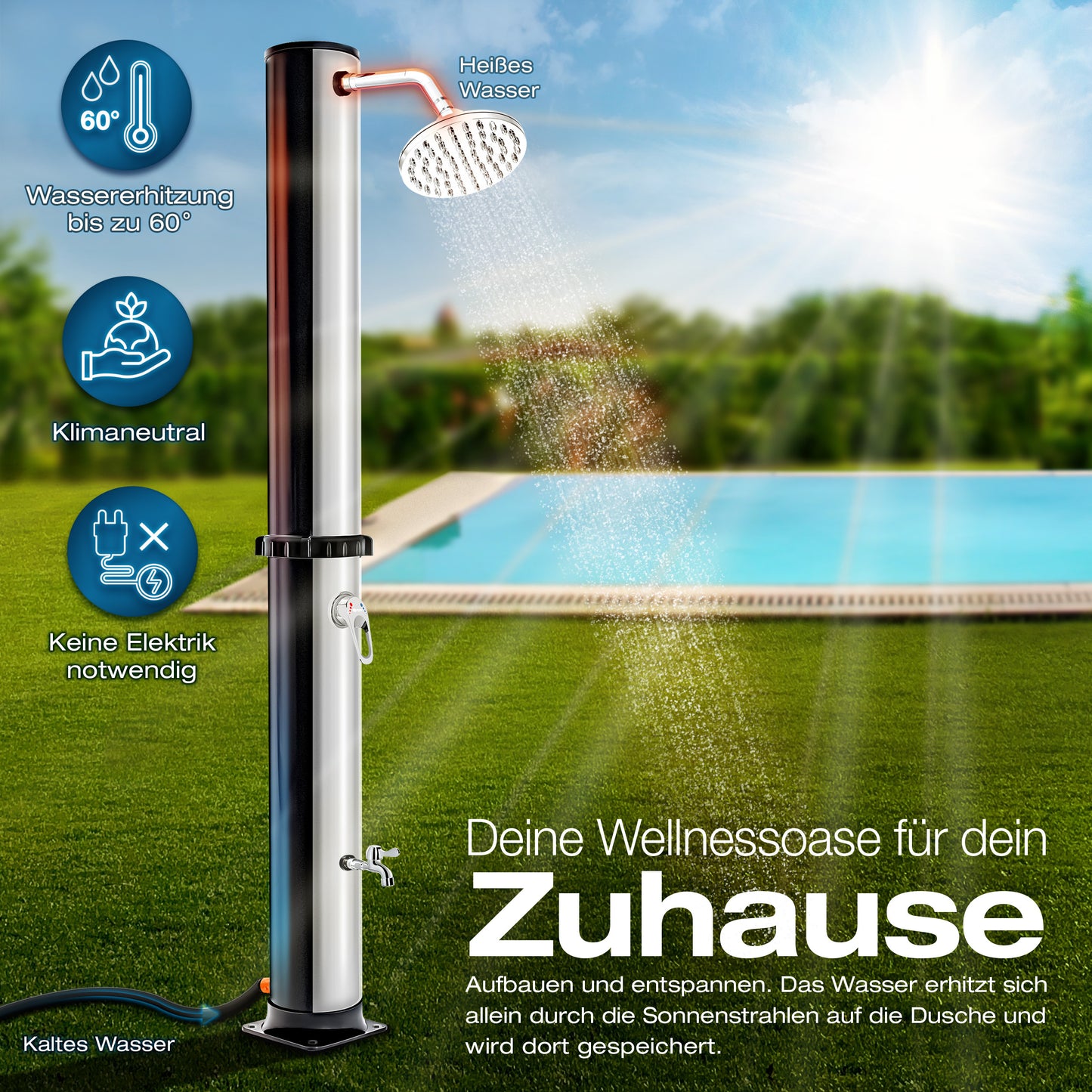 tillvex® Solardusche 20 - 60 Liter inkl. Abdeckung Solar Gartendusche Solar für draußen Pooldusche Komplettset warmes Wasser Camping ohne Stromanschluss mit Wasserhahn Gartenschlauch-Anschluss