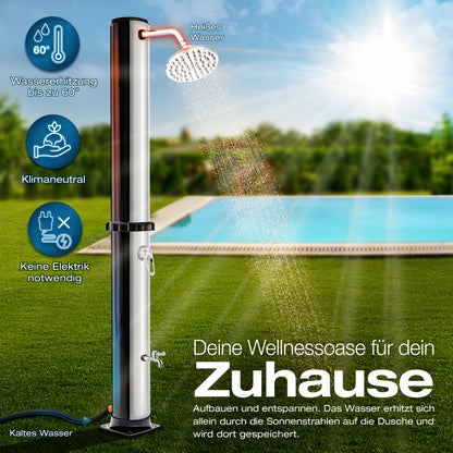 tillvex® Solardusche 20 - 60 Liter inkl. Abdeckung Solar Gartendusche Solar für draußen Pooldusche Komplettset warmes Wasser Camping ohne Stromanschluss mit Wasserhahn Gartenschlauch-Anschluss