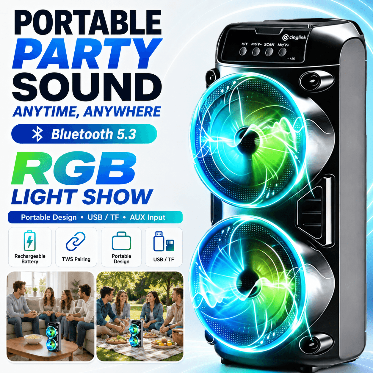 Bluetooth-Lautsprecher, LED-Beleuchtung für Camping und Reisen – Detailansicht 12