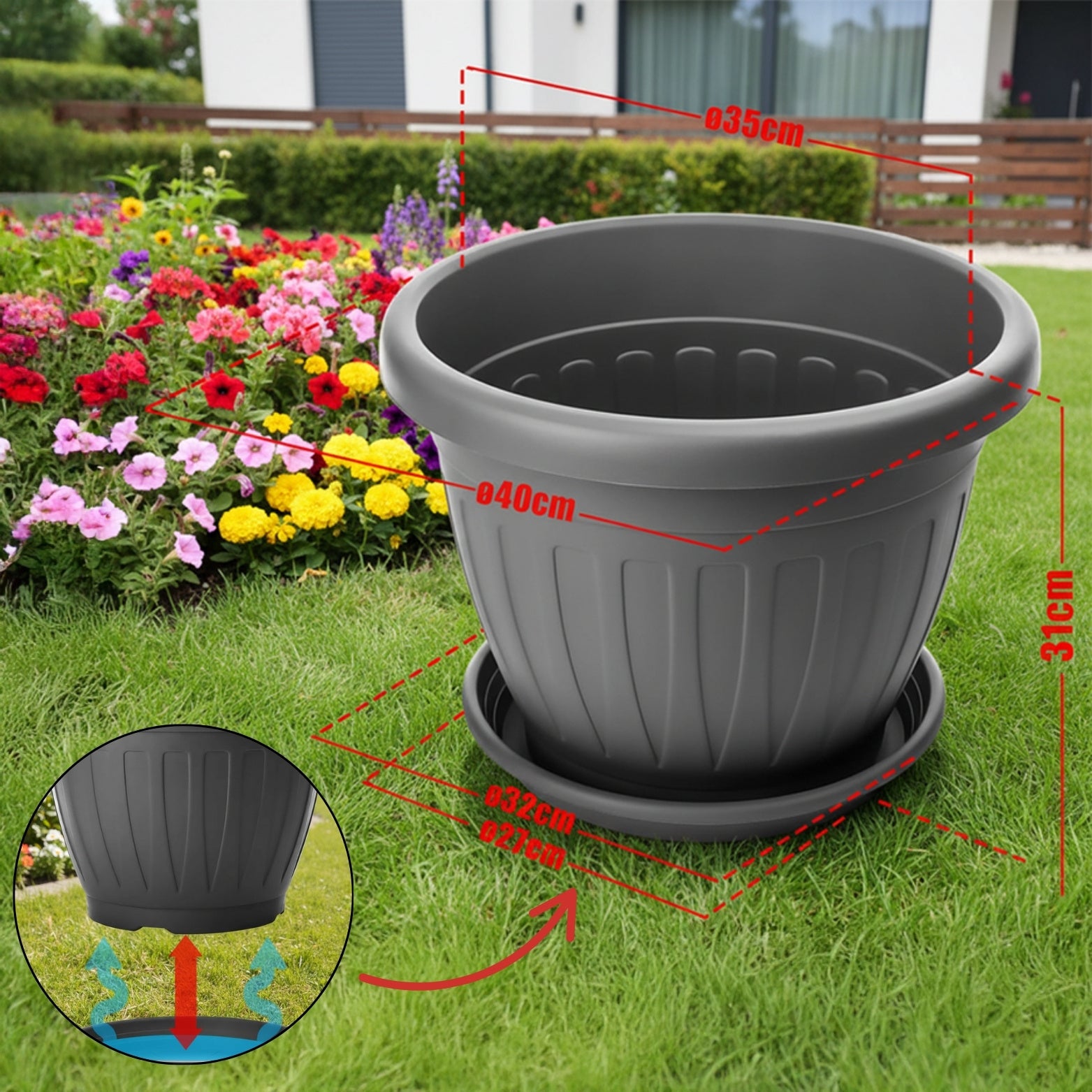 Blumentopf, 40 cm für Garten und Terrasse – Detailansicht 3