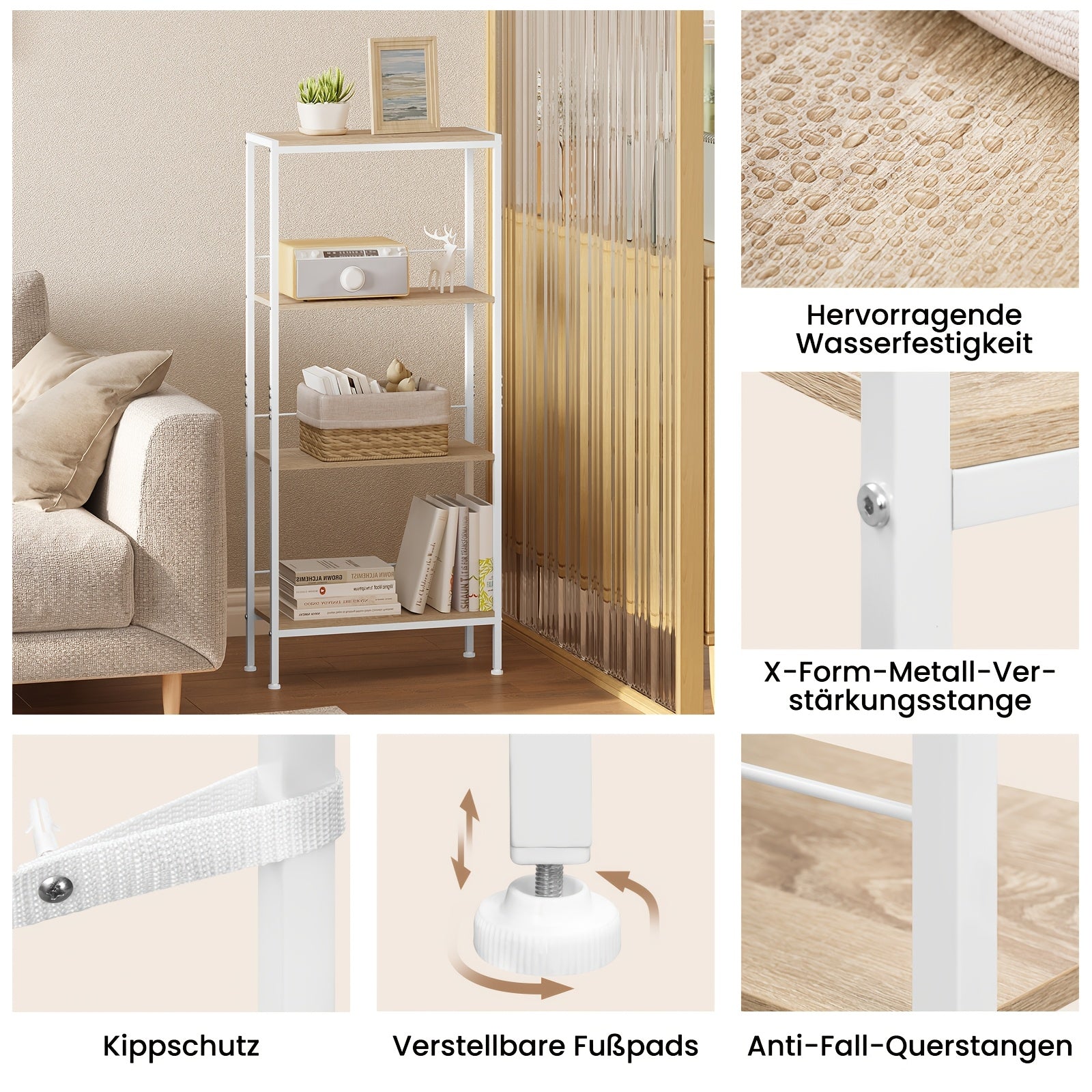 Bücherregal, Helle Holzmaserung + Weiß für Wohnzimmer – Detailansicht 9