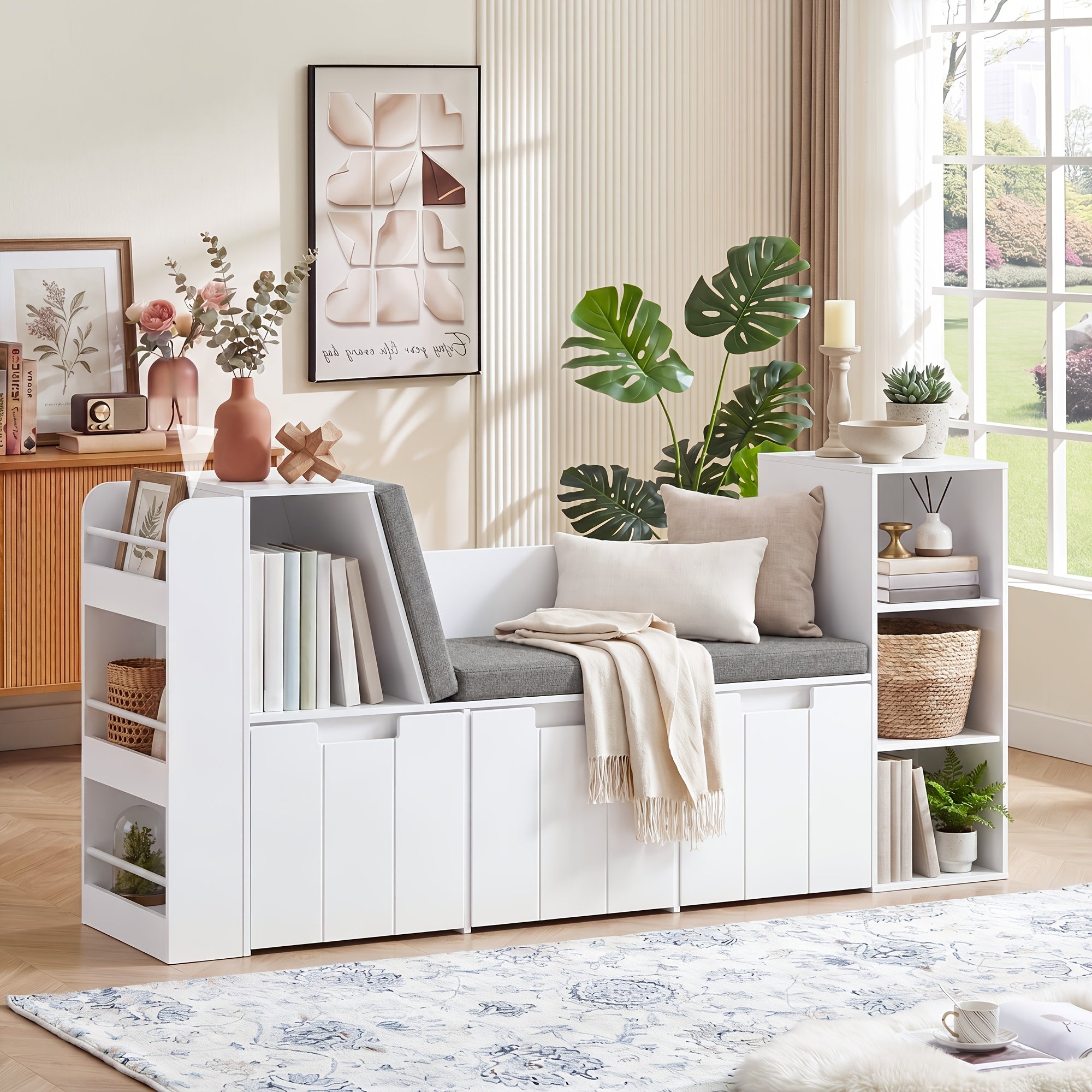 Bücherregal, weißer Aufbewahrungsschrank mit 3 rollbaren für Arbeitszimmer und Wohnzimmer – Detailansicht 4