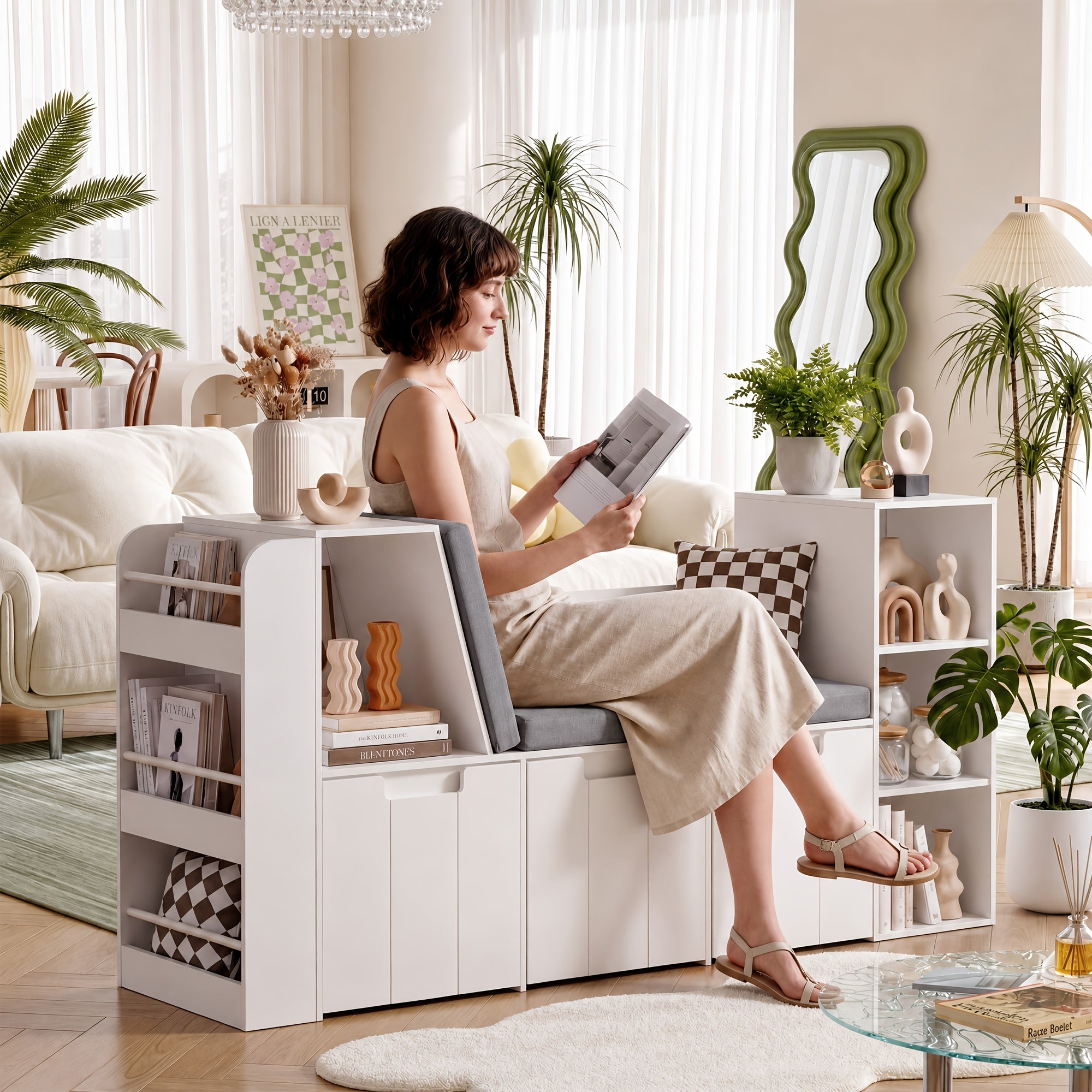 Bücherregal, weißer Aufbewahrungsschrank mit 3 rollbaren für Arbeitszimmer und Wohnzimmer – Detailansicht 7