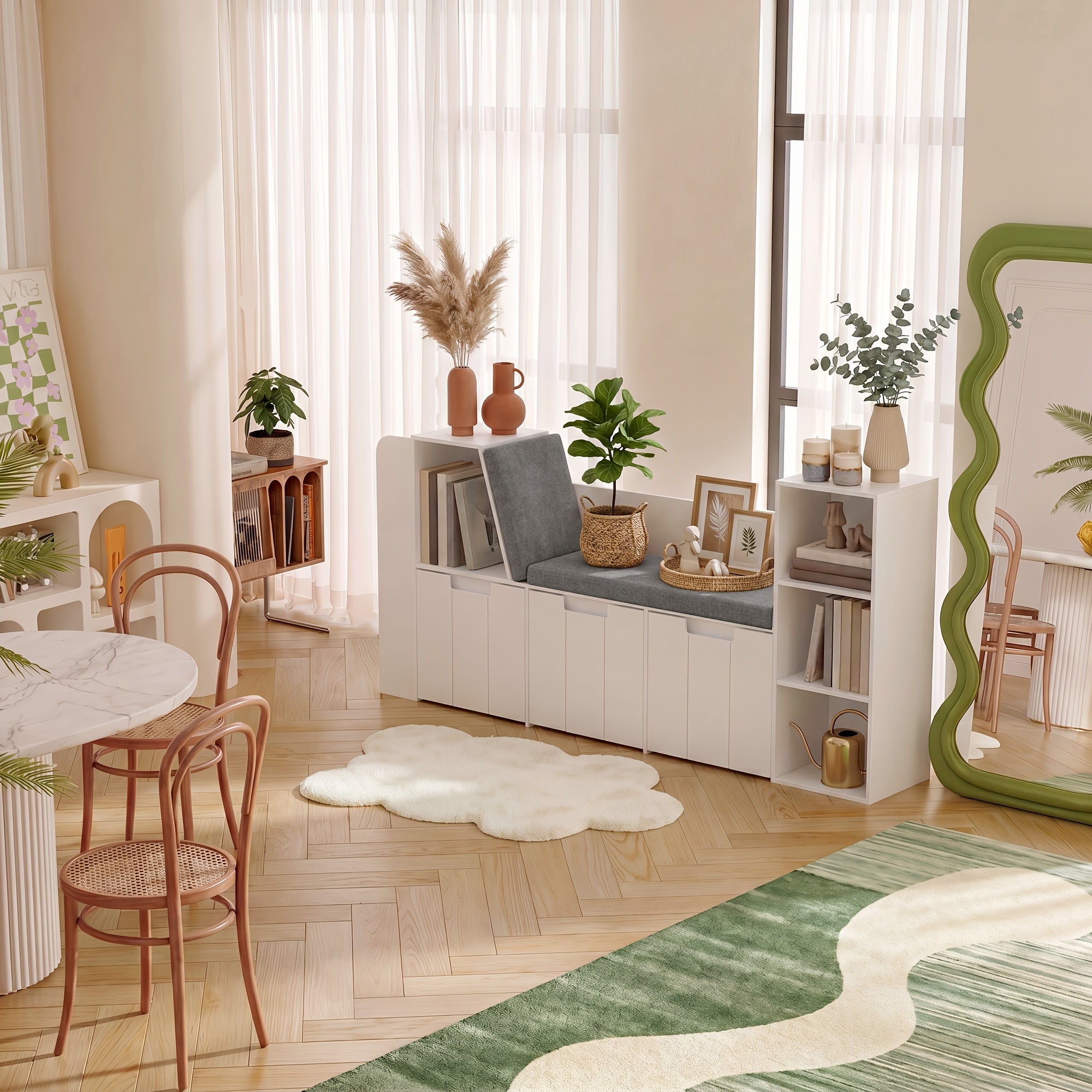 Bücherregal, weißer Aufbewahrungsschrank mit 3 rollbaren für Arbeitszimmer und Wohnzimmer – Detailansicht 10