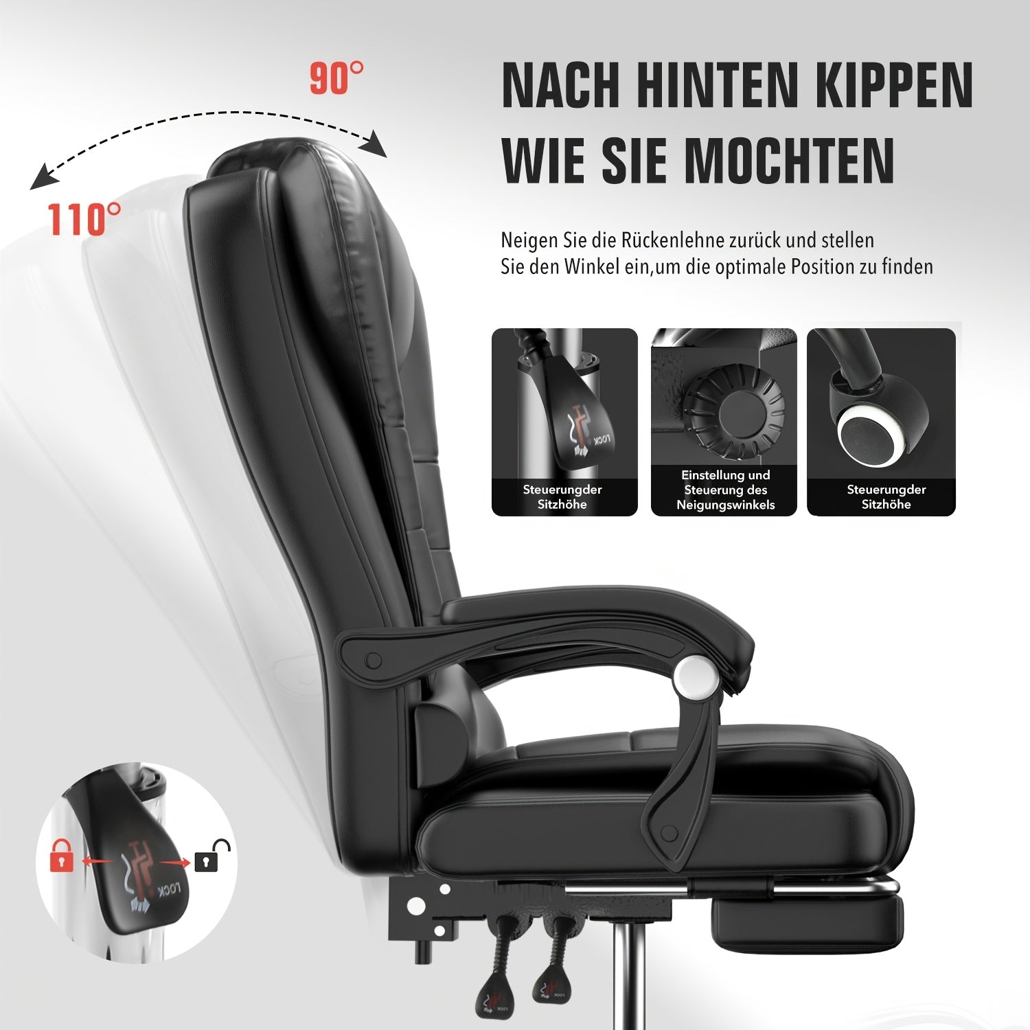 Bürostuhl, 360° drehbar für Home Office (Schwarz) für Homeoffice – Detailansicht 2