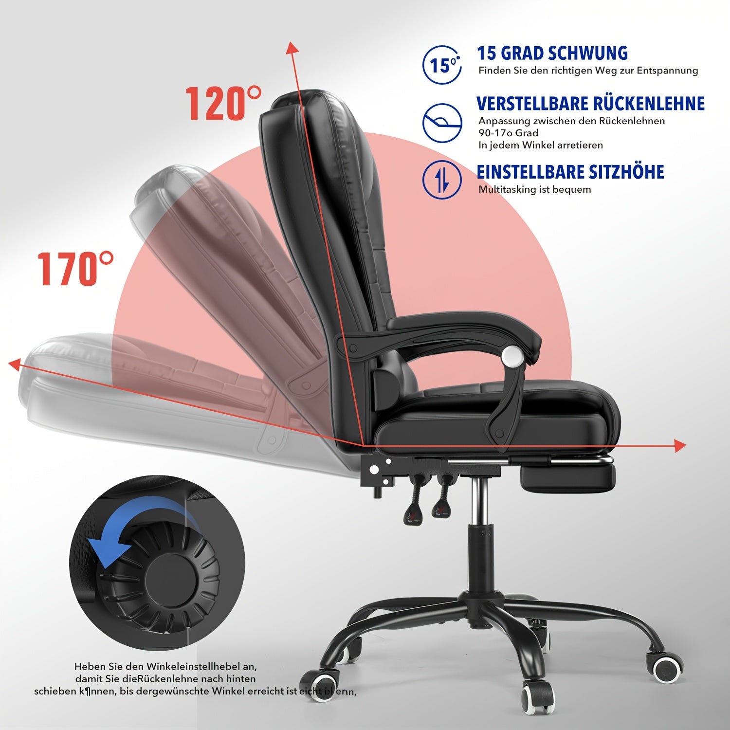 Bürostuhl, 360° drehbar für Home Office (Schwarz) für Homeoffice – Detailansicht 9