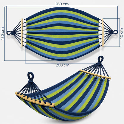 Kuketo - XXL-Gartenhängematte für 2 Personen 260x150 cm mit Holzstange, Reisehängematte mit Abdeckung für Balkon, Terrasse, Garten, Schrebergarten, strapazierfähiges Baumwoll-Polyester-Material, stabile und robuste Hängematte zum Entspannen, Camping, Reis