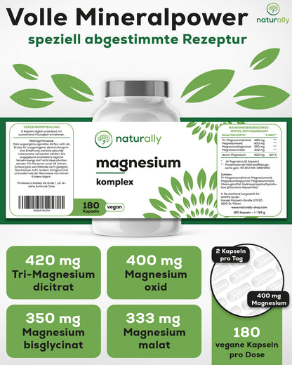 Magnesium Komplex hochdosiert [180 Kapseln] 400mg pro Tagesdosis aus 4 Formen: Magnesiumcitrat, Magnesiummalat, Magnesiumbisglycinat, Magnesiumoxid, vegan von naturally