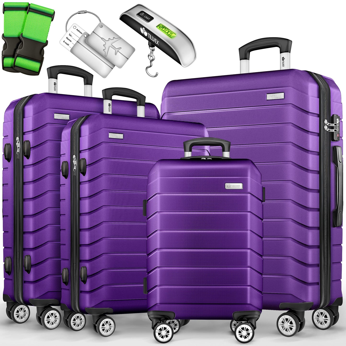 tillvex® Reisekoffer Set + Gepäckwaage, Koffergurte & Kofferanhänger | Kofferset 4 Rollen | Trolley Gepäck Koffer TSA Schloss | Hartschalenkofferset