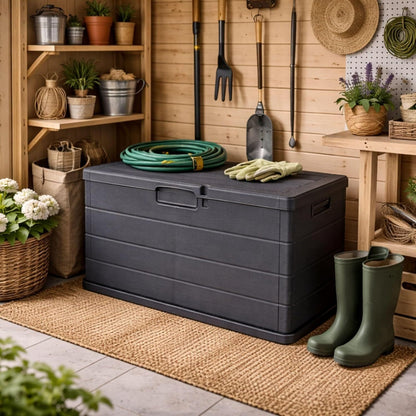 Buystar 170L Garten-Aufbewahrungstruhe aus Harz – Wasserdicht, einfach zu montieren – abschließbarer Deckel – 78x55x52 cm – Leichter und langlebiger anthrazitfarbener Outdoor-Koffer – Organisieren, Aufbewahren