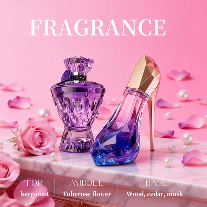 2 Stück Lila High-Heel & Lila Edelstein Parfümset (30+75ml) Großes Fassungsvermögen, Langanhaltender Duft | Bergamotte Tuberose Holznoten | Perfektes Geschenk für Feste & Privatgebrauch