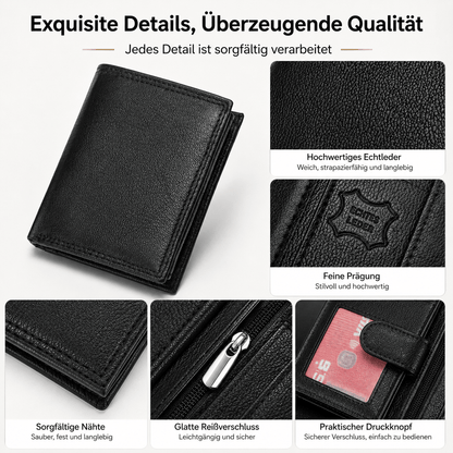 Geldbörse Mini-Format Herren aus echtem Leder mit RFID Schutz, 11 Kartenfächer Hochformat, Schwarz, kompakt, praktisch und modern