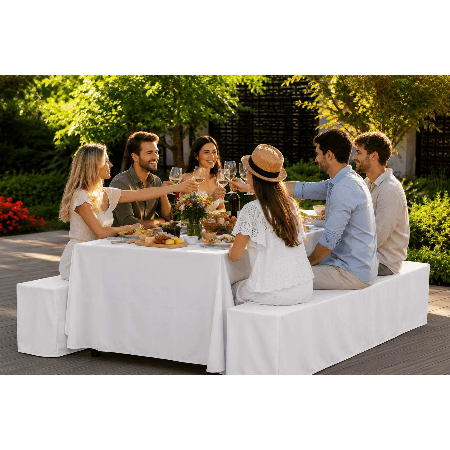 Bierbank-Hussen Set 3-teilig – Premium Tischdecke & 2 Bierbankbezüge, Stretchfrei, Knitterarm, Waschbar, Für Gartenparty, Hochzeit, Geburtstag & Events