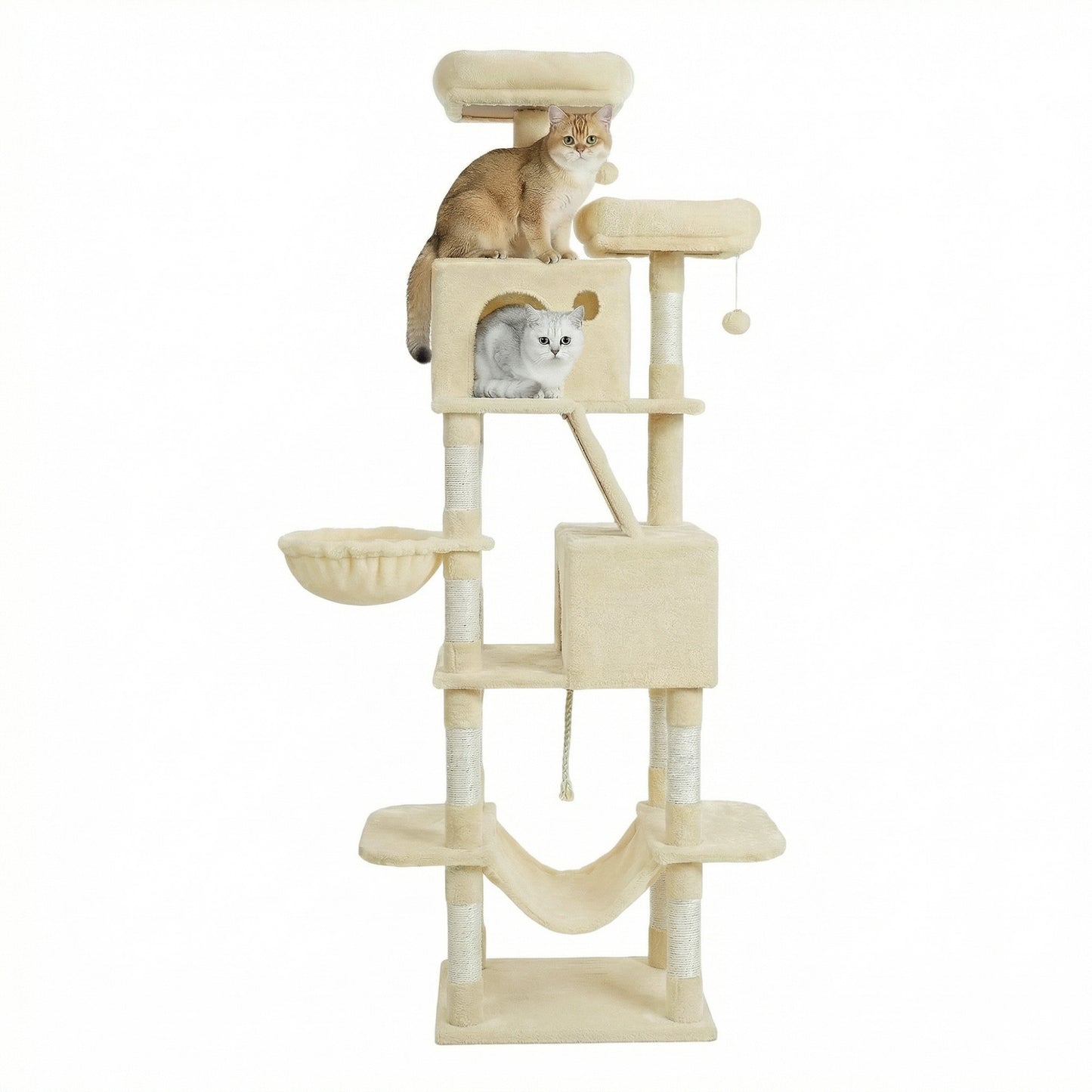 XXL Katzenklettergerüst 206 cm hoch einem Kippschutz, Kratzbaum Katzenbaum mit 13 Kratzsäulen, 2 Plattformen, 2 Höhlen, Korb, Hängematte, Plüschbälle,Stabiles Und Langlebiges ,Einfache Montage,für Wohnungskatzen die gerne klettern und hoch hinaus wollen
