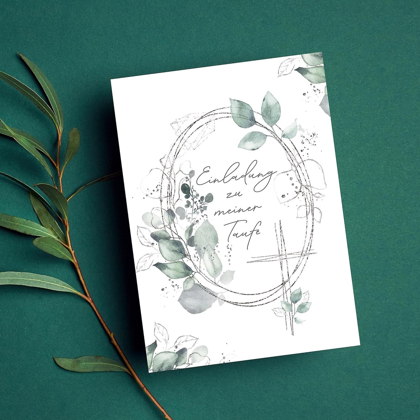 10 Einladungskarten mit Umschlag Einladung 2 seitig Karten stilvoll kreuz Aquarell zart zur Taufe Blätter grün Silber zum selbst ausfüllen gestalten