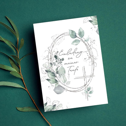 10 Einladungskarten mit Umschlag Einladung 2 seitig Karten stilvoll kreuz Aquarell zart zur Taufe Blätter grün Silber zum selbst ausfüllen gestalten