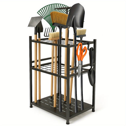Gartengeräte-Organizer, Platz für 50+ Werkzeuge, Verstellbar und Kompakt zur Organisation Ihrer Garage/Gartenarbeit, mit praktischen Haken für Rechen, Besen usw., Langlebiger Metall-Geräteturm in Schwarz