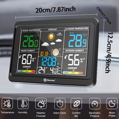 Geevon Wetterstation Drahtloser Innen-  Außenthermometer, Farbdisplay-Wetterthermometer, Digitales Temperaturmessgerät mit Barometer, Kalender, USB-Ladefunktion  einstellbarer Hintergrundbeleuchtung